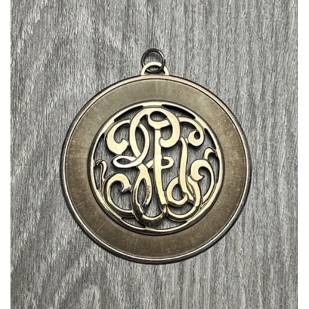 Lucky Brand Gold Tone Round Monogram Pendant 2.25" Ornate Cutout Guilloche Back